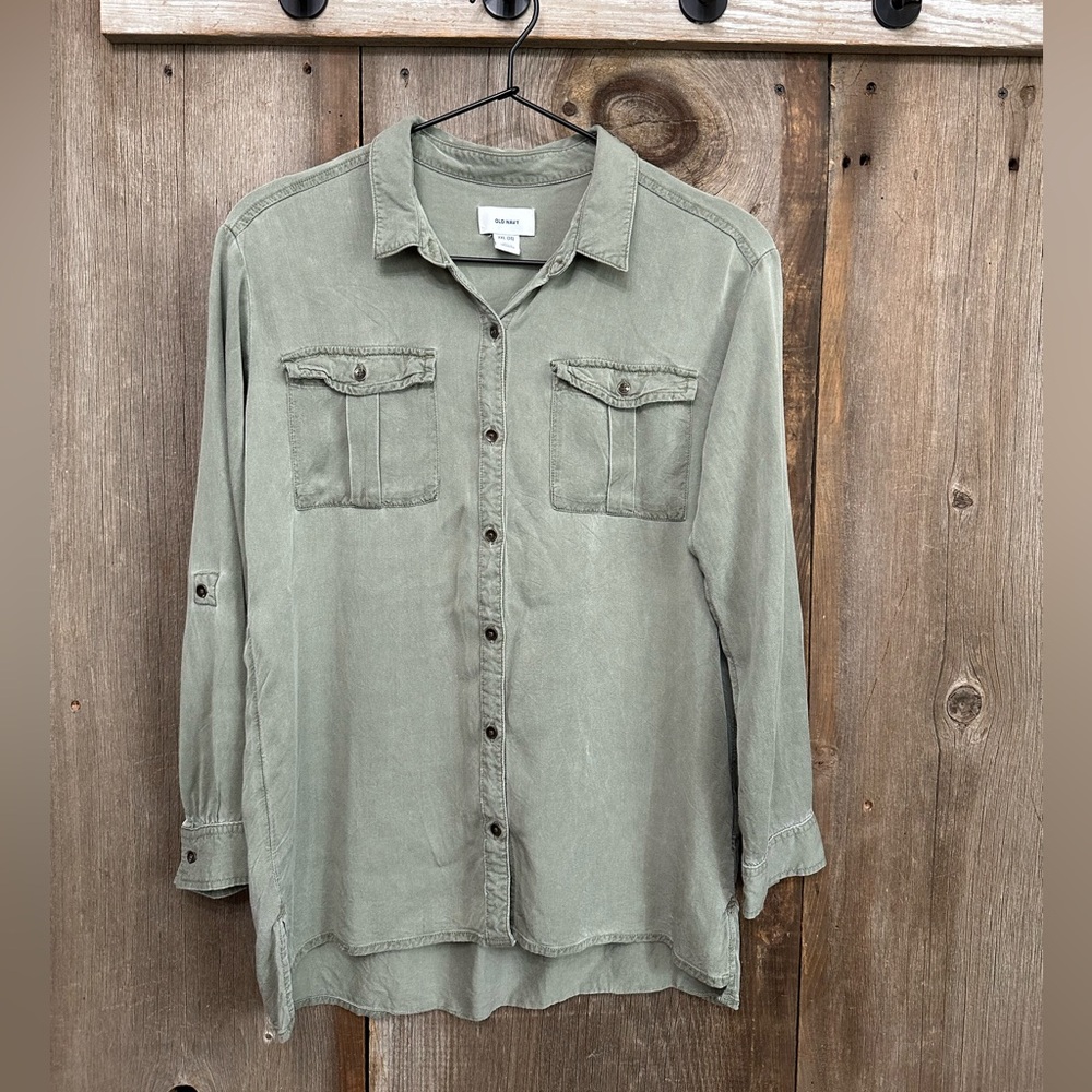 Old Navy Linen Rayon Button Down Utility Shirt in Olive Green Size XXL 16 Girls